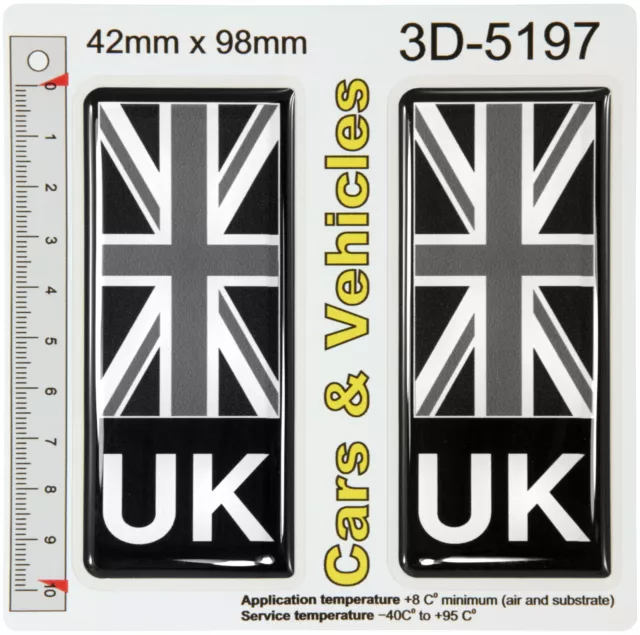 2x UK Union Jack Flag Number Plate Side Stickers Black Gel Domed Decals Badges