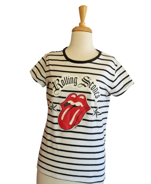 The Rolling Stones Lips & Tongue Logo Stripe T shirt White Size 8