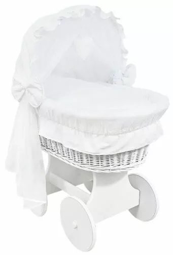 White Wicker Wheels Crib/baby Moses Basket + Complete Bedding White/cotton