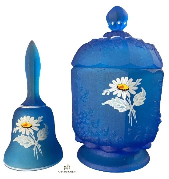 Westmoreland Glass Blue Mist Daisy Footed Compote and Bell Mid Century Modern