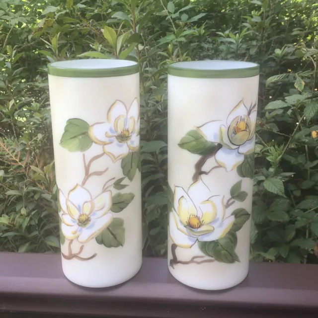 Consolidated Milk Glass Con Cora Cylinder Magnolias Vases VTG Flower Grannycore