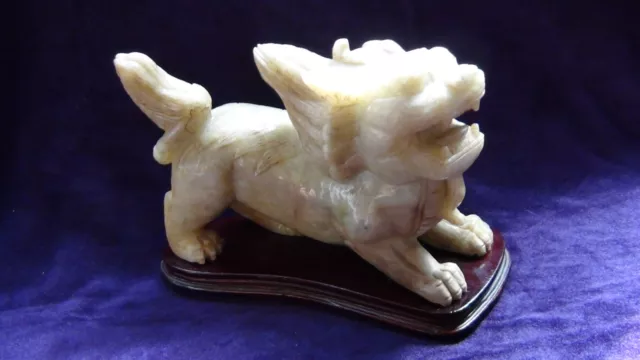 Antique Chinese Jade ,Hard Stone Carved Archaic Style Foo-Dog Statue On Stand