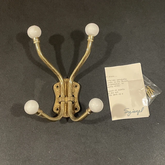 Vtg Solid Brass Wall Mount Hat Coat Towel 4 Hooks Hanger  Porcelain White Knobs