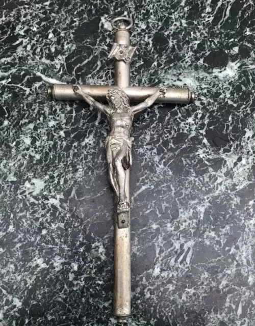 Antique French Wall Crucifix Silver 10 1/2”Jesus Christ Corpus Cross 1800s