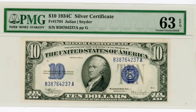 $10 1934C Silver Certificate  Fr#1704 (BA Block)  B38764237A  PMG 63 EPQ