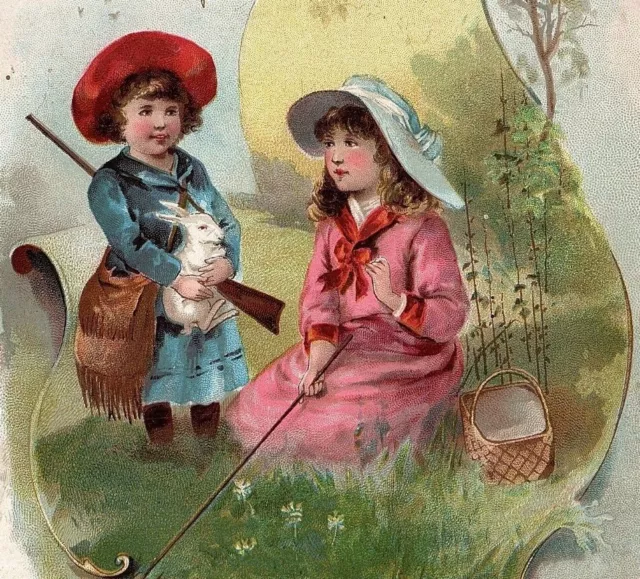 1894 Lion Coffee Woolson Spice Co. Victorian Card Rabbit Kids Fishing Hunting