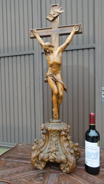 Antique French XL 37" Wood carved Altar church crucifix cross religious 19thc Antique French XL 37" Wood carved Altar church crucifix cross religious 19thc