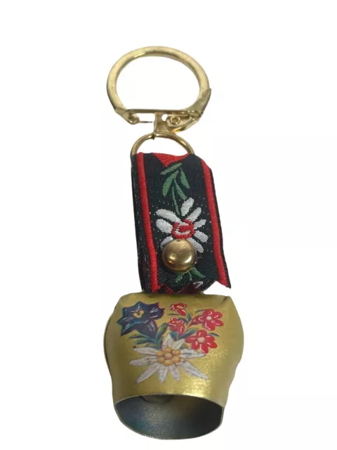 Rare Switzerland Brass Multicolored Floral Cow Bell Travel Souvenir