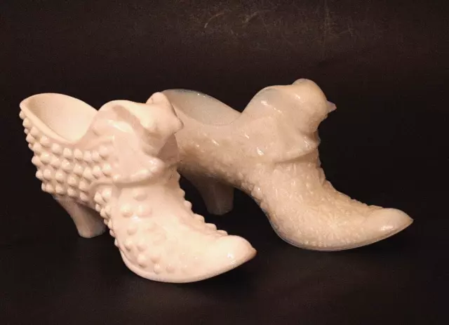 Lot Of 2 Fenton  Cat Milk Glass Shoe Boot  Hobnail & Daisy And Button