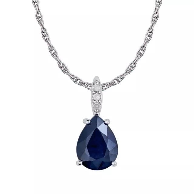 10k White Gold Genuine Pear-Shape Sapphire and Diamond Teardrop Pendant Necklace