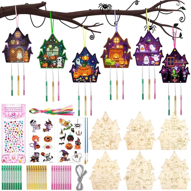 CUVZORA Halloween Windspiel Set - 9-teiliges DIY Bastelset Für Kinder | Holz Dekoration Für Draußen