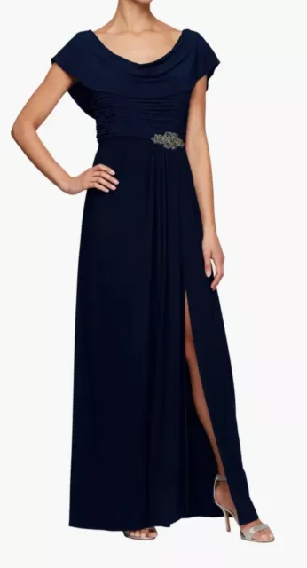 Alex Evenings Navy Blue Cowl Neck Beaded Waist Gown Size 10 $199