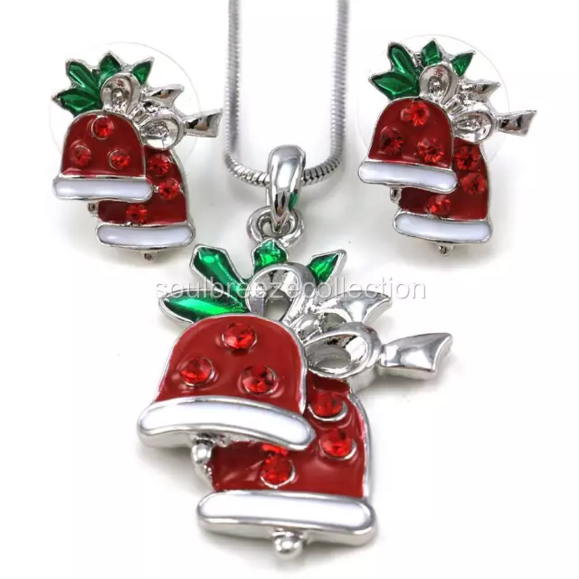 Xmas Christmas Jingle Bells Mistletoe Necklace Pendant Stud Earrings Jewelry Set