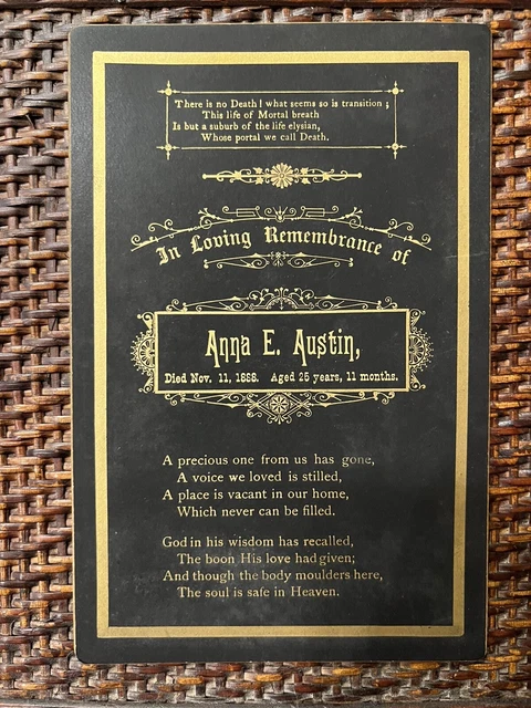 Antique Funeral Cabinet Card Funeral - 1888 Anna E. Austin