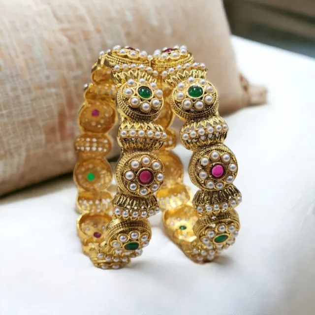 Indian Gold Plated Kundan Stone Bollywood Bribal Bangles Wedding Jewelry 1pair