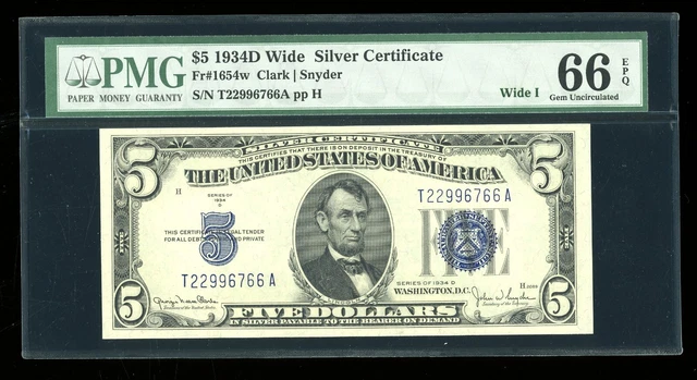 DBR 1934-D $5 Silver Gem Fr. 1654Wi Wide I TA Block PMG 66 EPQ Serial T22996766A