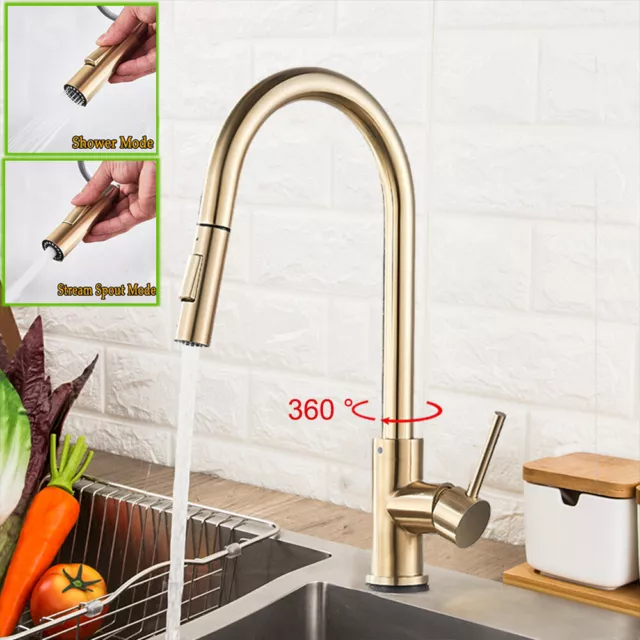 Brushed Gold 360°Swivel Pull Out Spray Taps Mixer Kitchen Sink Mixing Tap Faucet