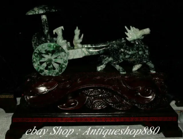 Natural Jadeite Emerald Green Jade Qilin Pull Cart Emperor Qin Shihuang Statue