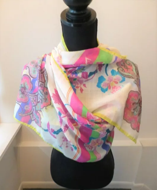 Etro NWT Colorful Silk Wool Classic Ivory Etro Print Oblong Scarf Retail $395