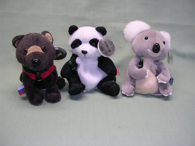 3 Different Coca-Cola Plush Mini Beanie Bears - Russia, Australia, China 1998