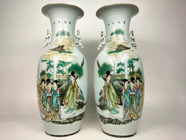 Pair of large antique Republic ROC Chinese polychrome vases with a garden scene