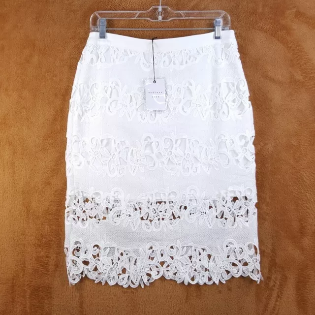 ENDLESS ROSE Womens Skirt Large White Pencil Crochet Lined Sheer Hem Lace