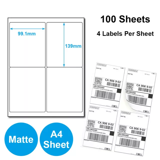 A4 Shipping Labels Self Adhesive Address Sticker For Laser Inkjet 4 UP Per Sheet