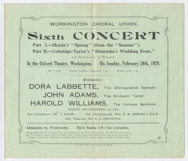 WORKINGTON CHORAL CONCERT 1928 Oxford Theatre Workington Vintage