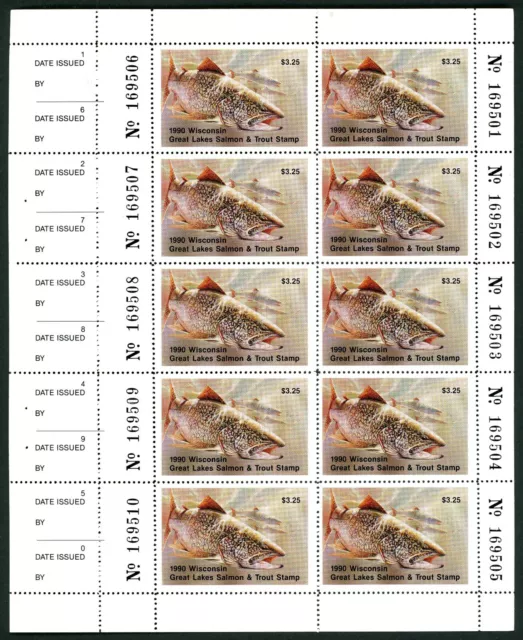 WISCONSIN 1990 STATE SALMON &TROUT STAMP FULL NH PANE OF 10 by Chuck Mitchell