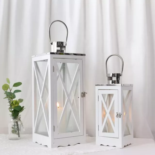 TRIROCKS Set of 2 Farmhouse Wooden Lantern Metal Candle Holders Clear Glass