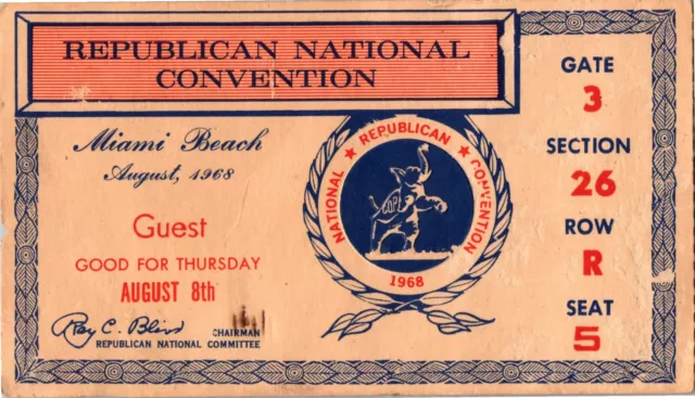 1968 REPUBLICAN NATIONAL CONVENTION Ticket - RICHARD NIXON - MIAMI, FLORIDA