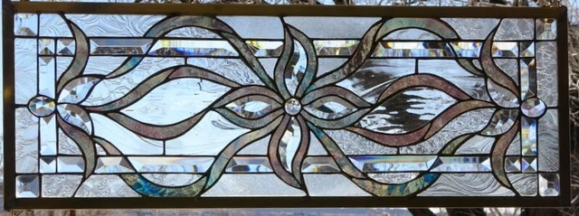 Abstract Stained Glass Transom window hanging 34 X  13  incl hooks