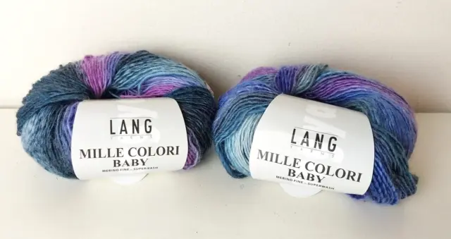 LANG YARNS Mille Colori Baby Yarn Purple Blue 100% Superwash Merino Lot Of 2