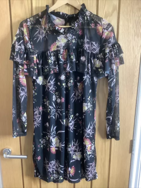 NEW By Very Black Printed Frill Front Shirt Dress Size 14