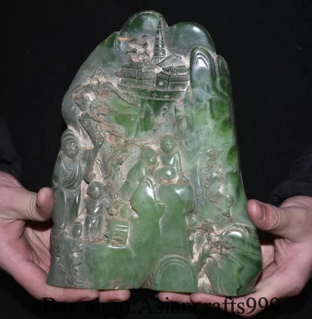 8" Seltene Alte Chinesische Grüne Jade Schnitzen Alte Mann Berglandschaft Statue