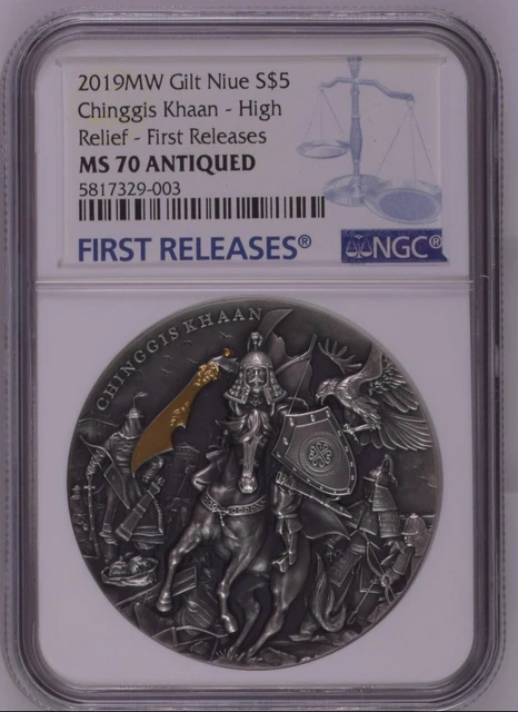 NGC MS70 FR Niue CHINGGIS KHAAN 2019 2oz Silver Coin High Relief Antique Finish