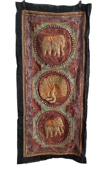 Vintage Burmese KALAGA Elephant Peacock TAPESTRY Hand Embroidered beaded 38X18