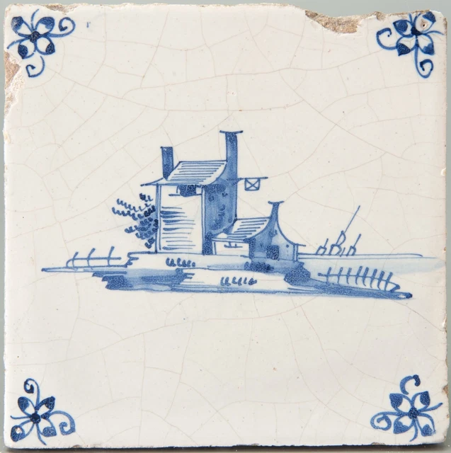 Nice Dutch Delft Blue tile, landscape with a farm, late 17th century.