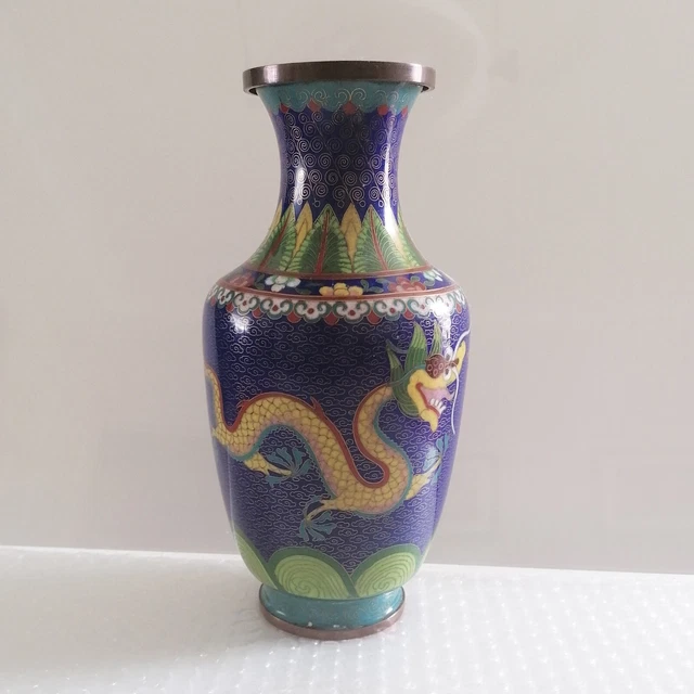 ANTIQUE CHINESE CLOISONNE Blue Enamel Dragon Baluster Vase 19th century