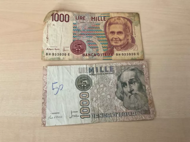 2 verschiedne Geldscheine Italien Italy Italia Banknoten Lire 1000 Mille