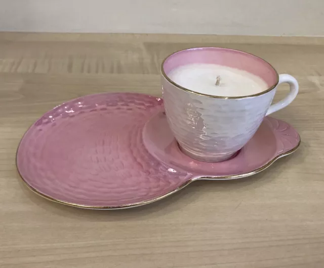 ⭐️Vintage Maling PINK & WHITE Glaze Lustre Ware Tennis Tea Cup Candle and Saucer