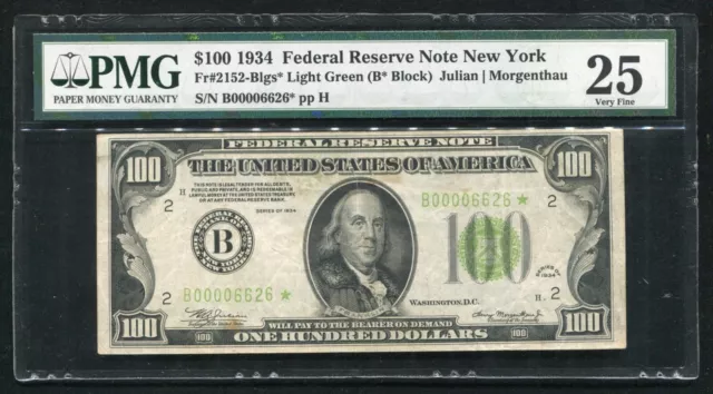FR. 2152-Blgs* 1934 $100 *STAR* LGS LIGHT GREEN SEAL FRN NEW YORK, NY PMG VF-25
