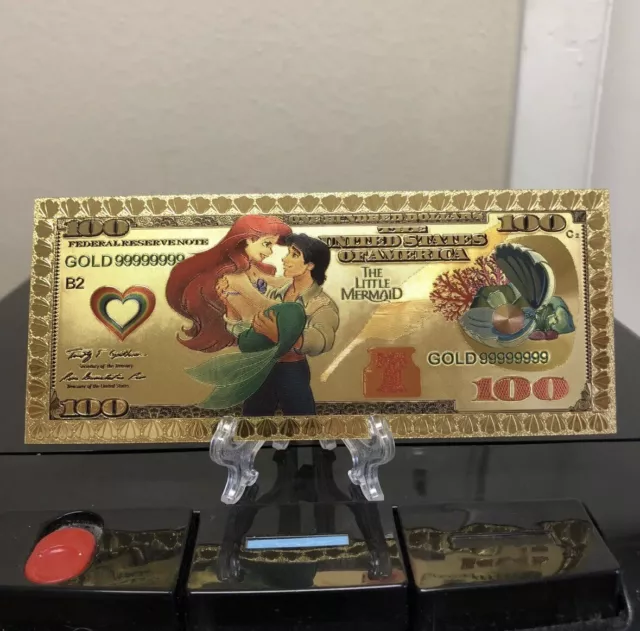 24k Gold Foil Plated Little Mermaid Disney Princess Banknote Collectible