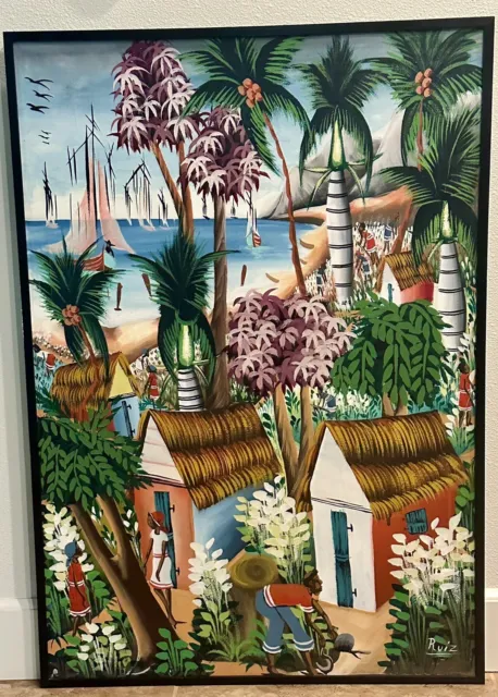 Vintage Haitian Painting - 38 1/2"  x  26 1/2" - Village in Haiti by the Sea