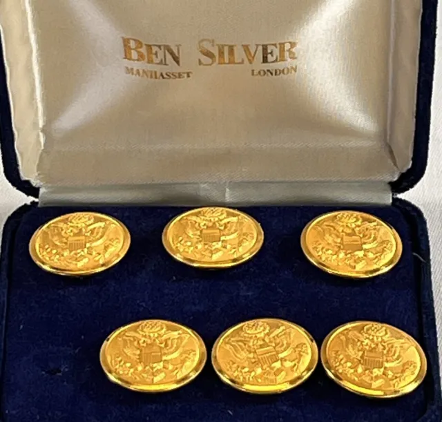 6 VTG Ben Silver Brass Great Seal USA Military Uniform Buttons Velvet Box London