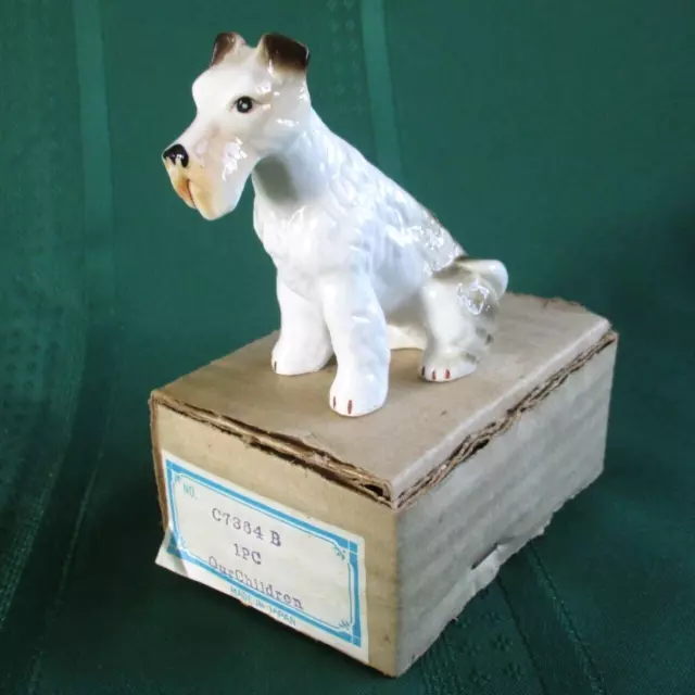 Vintage Wire Haired Fox Terrier Porcelain Puppy Dog Figurine Japan New in Box