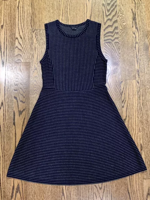 Theory Tank Dress Small Gray Black Skater Wool Blend Sleeveless Striped Stretch