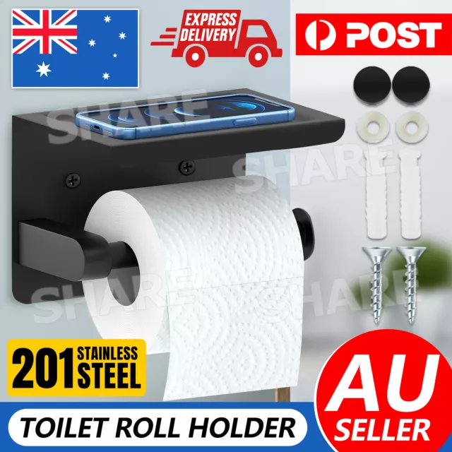 Stainless Steel Toilet Paper Roll Holder Storage Hooks Bathroom Washroom Black