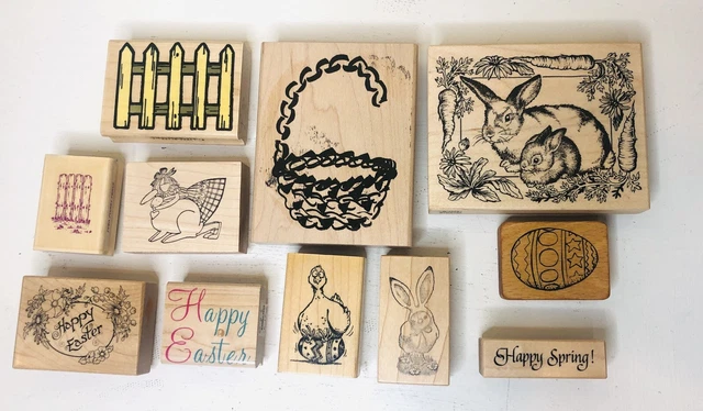 Lot of 11 Assorted Wooden Rubber Stamps Easter Spring Baskets Bunny Egg Fence