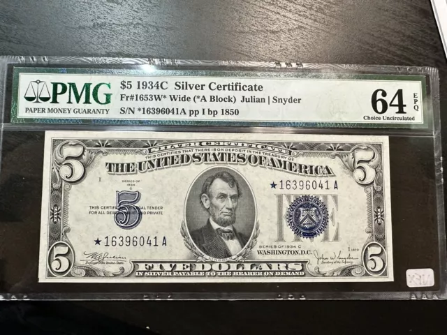 1934 C $5 Five Dollar Silver Certificate Star Note Fr# 1653W* Wide PMG 64 EPQ